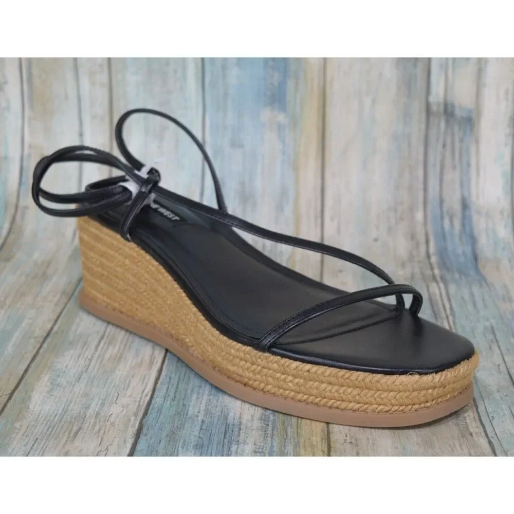 Nine West Alexx Wedge Sandals Size 9 Black Espadrille Ankle Strap Wedges